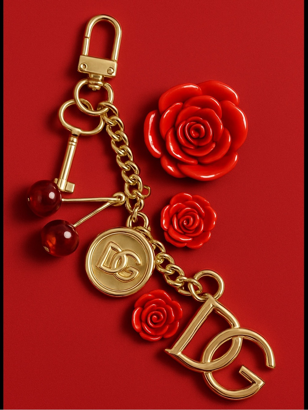 Dolce & Gabbana Golden Red Rose & Cherry Charm Keyring Key Chain New